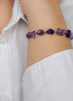 Браслет натуральный камень аметист крошка + вставки, фур-ра гип-ный сплав цвет серебро d-9х5мм+- l-17см