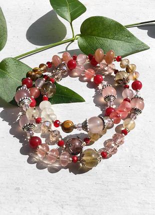 Браслет lies and lipstick (рожевий кварц, волосатик, агат, морганіт, нефрит машанський)