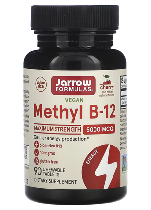 Jarrow formulas, веганский метил b12, максимальная эффективность, со вкусом вишни, 5000 мкг, 90 жева