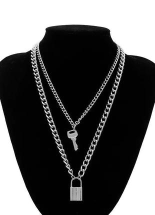Ожерелье колье чокер цепочка многослойная серебристая с подвеской замок ключик2 фото