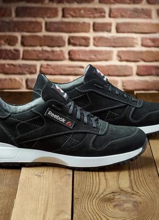 Чоловічі кросівки у стилі reebok натуральний нубук, кожаные кроссовки в чёрном цвете на белой подошве5 фото