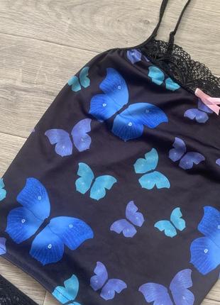 Чорний комплект піжама для дому та сну майка шорти з метеликами2 фото
