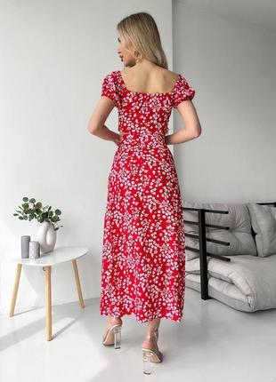Красный женский летний костюм топ юбка миди с разрезом в цветочный принт женский летний костюм топ спущенными плечами длинная юбка с разрезом4 фото