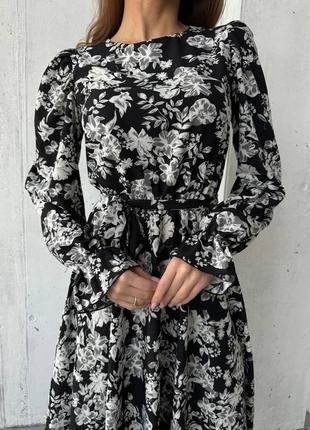Сукня (плаття) жіноча довга міді з квітами 42-52 коричнева, чорна, синя7 фото