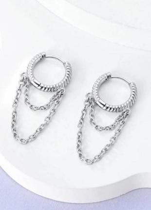 Сережки кільця срібло silver_pandora original ланцюжок  серьги кольца2 фото