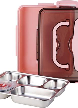 Ланч-бокс kamille snack 1000мл 7trav  на 5 секцій, пластик і нержавіюча сталь, рожевий1 фото