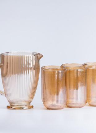 Набор стеклянный кувшын и 6 стаканов  янтарный