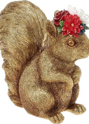 Декоративна статуетка "білка з квітами" 18см 7trav   полістоун, золото2 фото