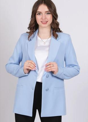 Піджак подовжений жіночий блакитний костюмний креп подовжена актуаль 029, 52