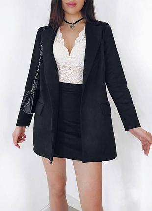 Костюм двойка замшевый пиджак + юбка короткая мини прямая с завышенной талией жакет блейзер кардиган черный бежевый зелёный - бутылка замша