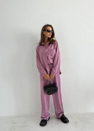 Костюм двойка в пижамном стиле блуза рубашка туника накидка кардиган брюки штаны палаццо широкие на резинке батал синий серый розовый беж5 фото