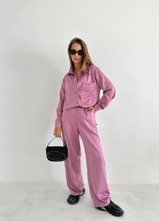 Костюм двойка в пижамном стиле блуза рубашка туника накидка кардиган брюки штаны палаццо широкие на резинке батал синий серый розовый беж4 фото