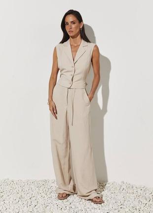 Костюм стильный летний легкий женский из натуральной тканы лен укороченный жилет жилетка и брюки брюки палаццо широкие4 фото