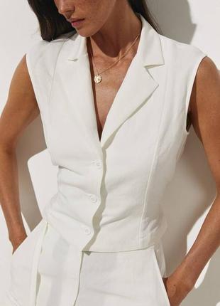 Костюм стильный летний легкий женский из натуральной тканы лен укороченный жилет жилетка и брюки брюки палаццо широкие3 фото