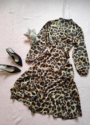 Платье в леопардовый принт р 38 м 12 46 новое длинное с рукавом шелковое атласное