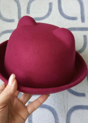Шляпа женская котелок кошечка с ушками бордовая5 фото