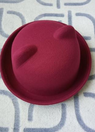 Шляпа женская котелок кошечка с ушками бордовая6 фото