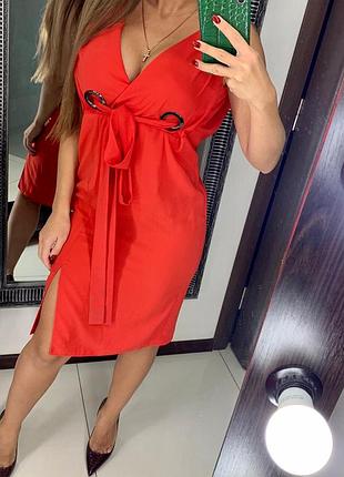 👗роскошное красное платье с декольте/алое платье миди на завязках с кольцами👗