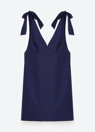 Темно-синее мини-платье из поплина с завязками на плечах zara xs