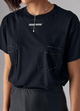 Женская футболка с карманами из термостраз - черный цвет, l (есть размеры)4 фото