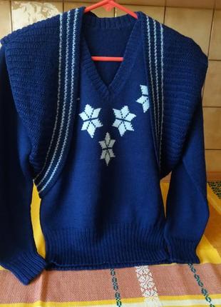 Джемпер пуловер вязанный темно-синий шерстяной c жилеткой 44-46 размера.