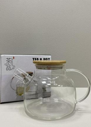 Чайник для заварювання скляний чаю з бамбуковою кришкою 1000 мл bonadi 992-0213 фото