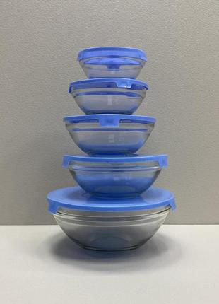Набір скляних ємностей для зберігання з блакитними кришками 5 шт a-plus 01203 фото