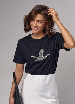 Жіноча футболка з птицею з бісеру — чорний колір, s (є розміри)