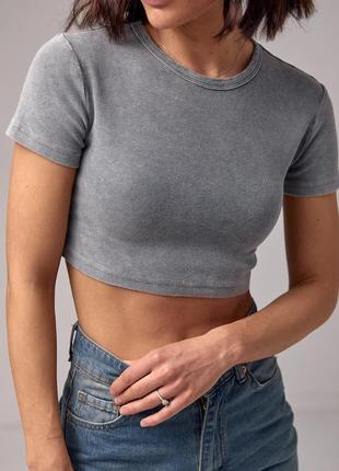 Укороченная женская футболка в технике тай-дай - светло-серый цвет, l (есть размеры)4 фото