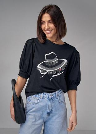 Женская футболка с рукавами-фонариками и принтом шляпки - черный цвет, l (есть размеры)