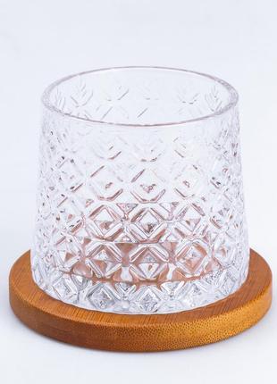 Склянка для води та соку скляна прозора з дерев’яною підставкою