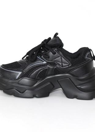 Черные кроссовки с сеточкой на массивной подошве для девочек4 фото