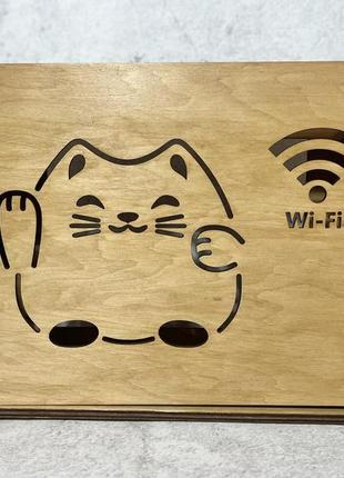 Коробка для интернета настенная "кот wi-fi" 35х30х10 см дуб1 фото