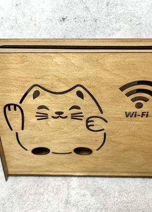 Коробка для интернета настенная "кот wi-fi" 35х30х10 см дуб2 фото