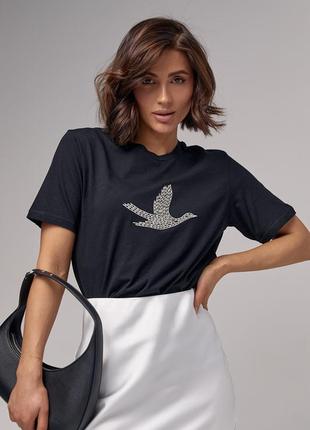 Женская футболка с птицей из бисера - черный цвет, s (есть размеры)5 фото