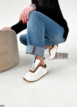 Код 9046🍃кросівки шкіряні білі з коричневими вставками