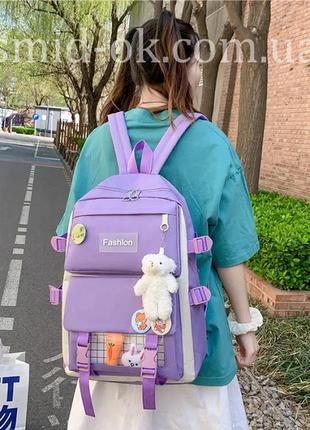 Рюкзак набір 5 в1 для дівчаток 5-11 класу, висота 44 см, сумка клатч гаманець пенал з брелоком-ведмедиком фіолетовий6 фото