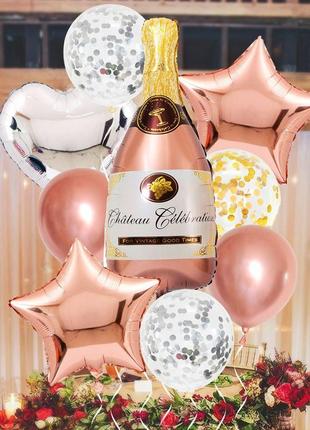 Набір повітряних кульок пляшка шампанського рожеве золото1 фото