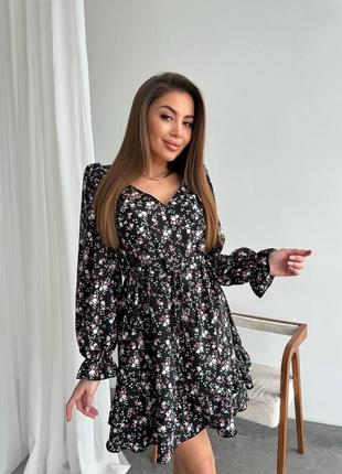 Платье в цветочек короткое мини с рукавами фонариками талия на кулиске с v вырезом красное голубое белое фрез изумрудное чёрное ретро винтаж