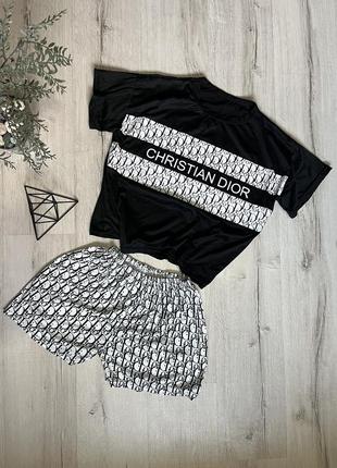 Женский домашний комплект, пижама шорты и футболка в стиле christian dior