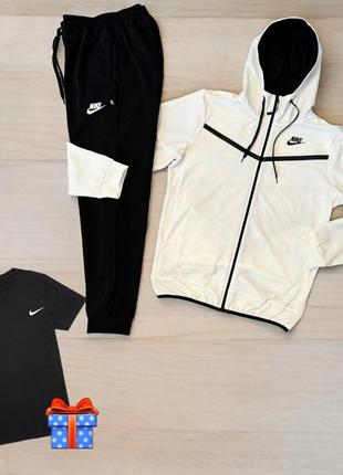 Футболка в подарунок! чоловічий весняний спортивний костюм в стилі nike tech найк теч підлітковий для підлітків чорно білий двонитка бавовняний