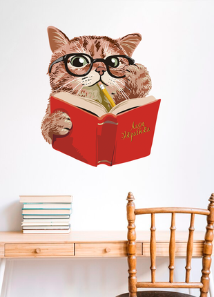 Вінілова самоклейна інтер'єрна наклейка кольорова декор на стіну в школу і садок "кіт і книга"