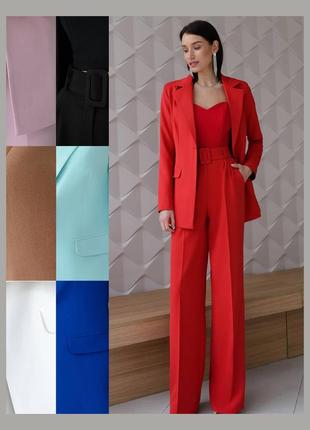 Костюм двойка классический брючный пиджак жакет блейзер с подкладкой широкие брюки палаццо с ремнем черный красный мята белый мокко синий розовый