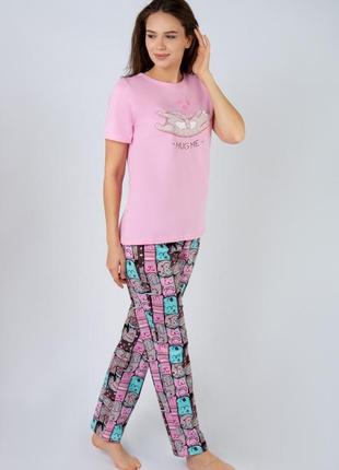 Легкая пижама хлопковая для женщин, женская летняя пижама, комплект домашний женский хлопковый брюки и футболка с котиками