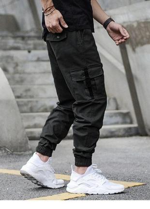Джоггеры с карабинами качественные коттон 100% хлопок штаны с карманами мужские черные бежевые трендовые спортивные на резинке оверсайз свободные