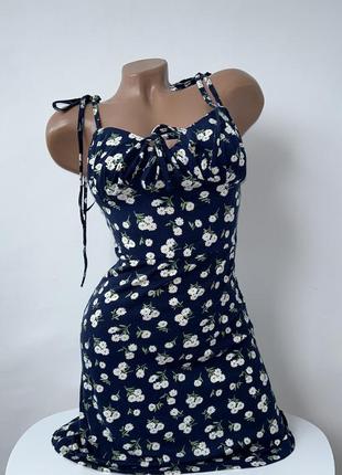 Сукня міні трикотажна у квіти на зав‘язках мини платье в цветочный принт на завязках shein1 фото