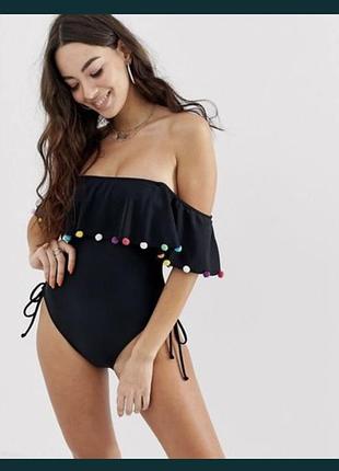 Чорний злитий купальник з рюшами swim asos