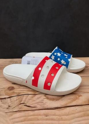 Крокс классик слайд американский флаг crocs classic american flag slide 🇺🇸 red white &amp; blue1 фото