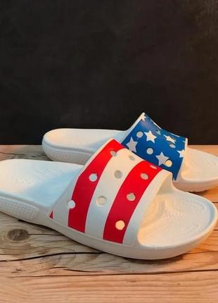 Крокс классик слайд американский флаг crocs classic american flag slide 🇺🇸 red white &amp; blue10 фото