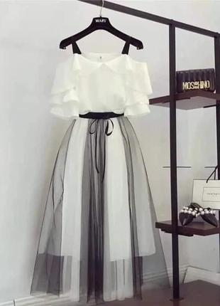 Костюм блузка юбка софт евросетка черный белый2 фото